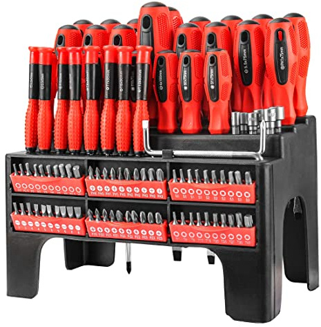 HAUTMEC 100-Piece Magnetic Screwdriver & Bit Set with Racking, Cr-V Magnetic Bit and Precision Screwdriver, Soft Handle for Men Tools HT0122-UK