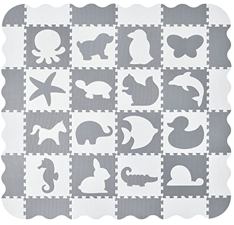 Juskys Kinder Puzzlematte Timon 36 Teile mit 16 Tieren in grau weiß - rutschfest & abwischbar Puzzle ab 10 Monate - Eva Schaumstoff - Spielmatte