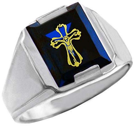 Little Treasures 925 Sterling Silver Blau Zirkonia Stein Kruzifix Siegelring Herren Ring