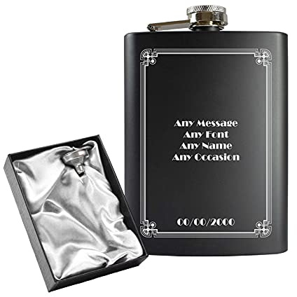 Engraved 8oz Black Hip Flask with Formal Border