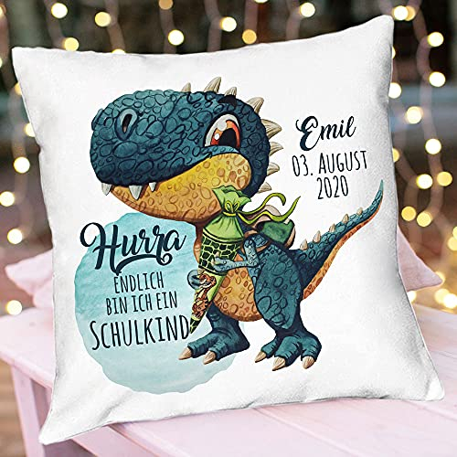 ilka parey wandtattoo-welt Kissen Einschulung Dino T-Rex Schultüte Spruch Hurra endlich Schulkind & Name Datum Spruchkissen inkl Füllung Dekokissen Bedruckt ks348 - ausgewählte Größe: *03. Kissen*