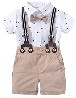 Volunboy Bimbo Neonato Completini e Coordinati Gentiluomo, Fiocco Camicia e Bretelle Pantalocini(Bianco,9-12 mesi,Taglia 73)