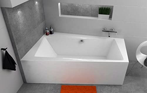 ECOLAM® Badewanne Infinity Trapezwanne Eckwanne mit Abfluss mittig 150x90 cm LINKS + Schürze aus Acryl + Ab- und Überlauf Automatik Füße Silikon Komplett-Set