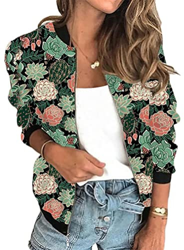 Minetom Veste Femme Motard Blouson Printemps Été Léger Bomber Blouson Outwear Zippé Imprimé Floral Court Jacket A Rose XL