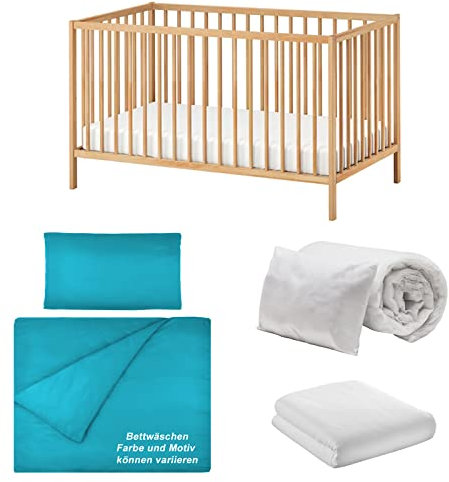 Montafox Komplettset Babybett 60 x 120 cm inklusive Matratze Spannbettlaken Bettwäsche Decke und Kissen