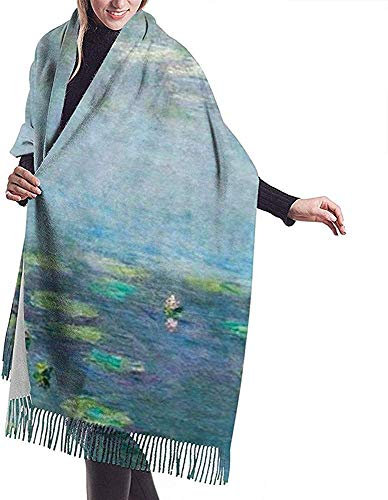 Oudrspo Kurzer Schal mit Seerosen und Monet-Motiv, warm, lang, für Damen, tragbar, modisch, 195,6 x 68,6 cm