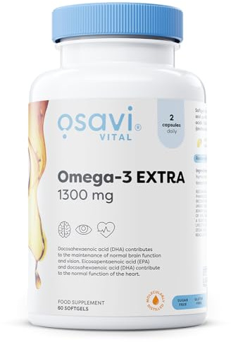 Osavi Omega–3 Extra Molecularly Distilled 1300 mg – 60 Softgels | Lemon Flavor | EPA & DHA for Heart Health, Brain Function, and Vision I Molecular Distillation for Maximum Purity