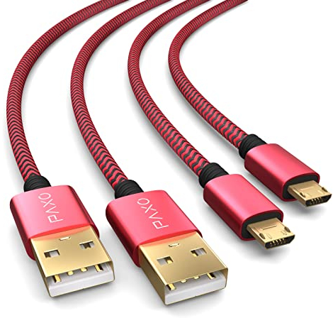 2x 4m câble de charge pour manette PS4, câble de charge micro USB, câble micro USB, nylon, micro USB, gaine en tissu, connecteur aluminium, rouge-noir