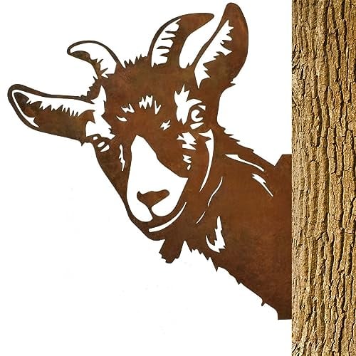 Naapesi Ziege Rost Gartendeko, 30 x 28 cm Gartenstecker Metall Deko Gartenstatuen Baumstecker Rost Gartenfigur, Rostdekoration für Outdoor, Edelrost Tierischer Farm Deko mit Schrauben