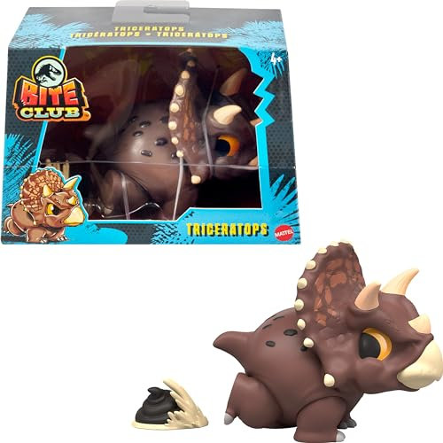 Mattel ​Jurassic World Bite Club Sammelfigur, Triceratops Chubby stilisierter Dinosaurier, ca. 10,2 cm Figur mit Zubehör​, HVB39, Mehrfarbig
