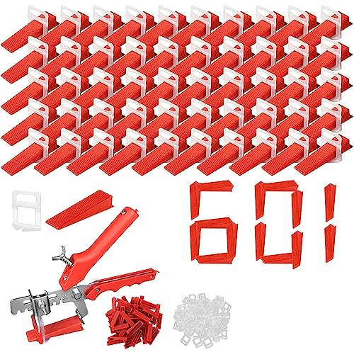 Croisillon Carrelage Autonivelant,Croisillon Autonivelant 2mm,Cale Carrelage,601 Système de nivellement de carreaux, outil de carrelage de 2 mm, 400 tirettes + 200 cales + 1 pince pour carreaux de sol