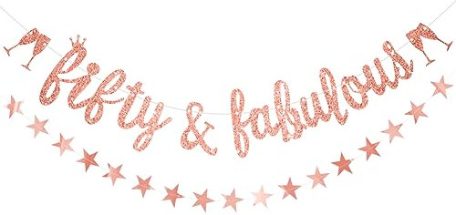 Women 50th Birthday Banner Rose Gold Glitter Fifty & Fabulous 50th Banner by Wonsta