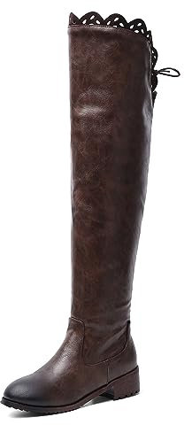 REKALFO Donne sopra il ginocchio Alto Basso Blocco Tacco Lace up Stivali di equitazione marrone 42 EU