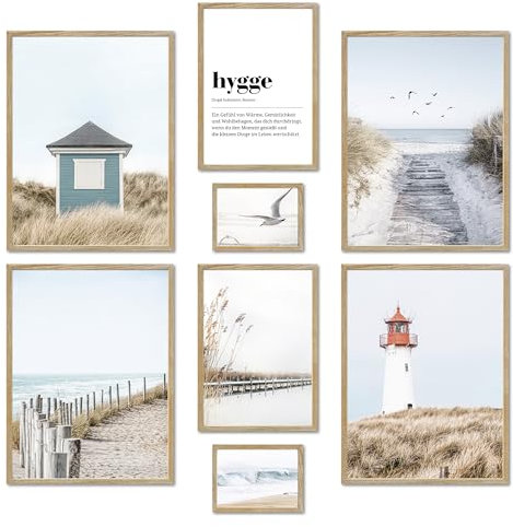 ARTFAVES® Poster Set - NORDIC DREAMS - mehrteilige Wanddeko Wohnzimmer & Schlafzimmer - 8 moderne Wandbilder Hygge, Nordsee, Meer, Strand, Dünen - mit Rahmen Eiche