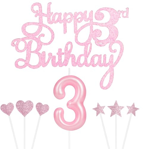 Personalised Happy 3rd Birthday Cake Topper Set - Pink Number 3 Candles, Star Heart Cupcake Toppers, Cake Decorations for Her Him Girls Anniversary (Set 8)