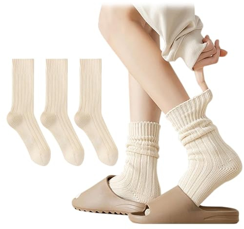 AWAVM 3 Paar Slouch-Socken, Strümpfe für Damen, beige, Baumwolle, niedlich, gestrickt, ästhetisch, Crew-Socken, atmungsaktiv, weich, lange Schlauchsocken, One size