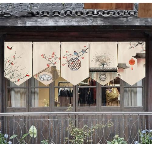 Hiseng 5pcs Japonais Porte Rideaux Courts Noren Rideau de Porte de Style Japonais Tenture Murale Drapeaux pour Sushis Rideau Panneau, Décoration de la Maison (30x50cm,E-1)