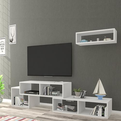 [en.casa] Fernsehtisch Malvik mit Wandregal TV Bank 2er Set offener Fernsehschrank mit 5 Fächern Fernsehregal für Wohnzimmer 170 x 29,5 x 42 cm Weiß