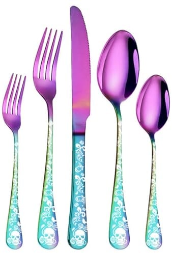 XIAOYU Ensemble d'argenterie à motif de crâne 5 pièces, ensemble de couverts en acier inoxydable, motif gothique unique de squelette et de fleurs, parfait pour Halloween, Pâques et Noël, Le Rainbow