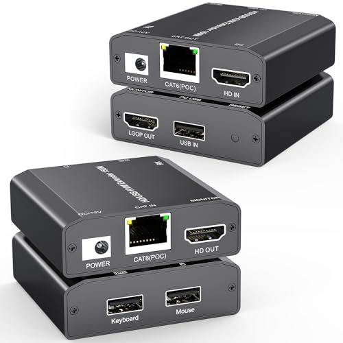 KVM Extender über Ethernet bis zu 150m, 1080P@60Hz HDMI Extender 3 Ports USB 2.0 für Tastatur und Maus, über Cat5e/6 Kabel, keine Latenz POC Funktion Einzelnetzteil