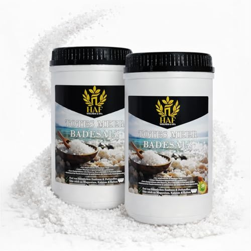 HAF – Premium Totes Meer Badesalz aus Jordanien (2 x 1 kg Dose) – Naturreines Meersalz grob für Wellness & Stressabbau – Mineralsalz zum Baden & zur Körperpflege bei Neurodermitis