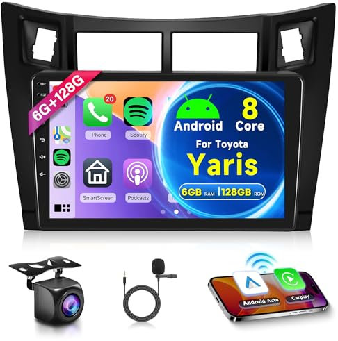 6G+128G 8 Core Wireless Carplay Android Autoradio 2 Din per Toyota Yaris 2005-2011 9 Pollici Autoradio con Wireless Android Auto GPS Navi WiFi Mirror Link Bluetooth FM/RDS SWC Caméra de Recul