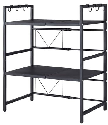 Homullel Expandable Microwave Oven Shelf Unit, Kitchen Countertop Microwave Stand with Shelves, Adjustable Kitchen Counter Rack Small Storage Shelving Unit, Desktop Printer Stand (Black, 2-Tier)