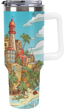 DWVSFJM Island of Cuba Insulated Tumbler 40 Oz Stainless Steel Double Wall Vacuum Travel Mug Large Capacity Car Cup Reusable Coffee Cup with Handle And Straw Lid Gifts White