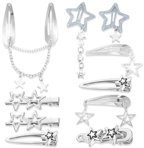 Nogeqi Silber y2k Haarspange Accessoires mit Schnappverschluss, Kawaii Stern y2k Haarspangen Silber, Retro Niedliche y2k Silver Hair Clips Rutschfeste Punk Stil für Damen Partys Konzerte Alltag