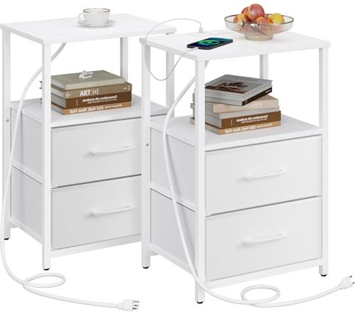 TUTOTAK Bedside Table with Charging Station, Side Table with 2 USB Ports and Outlets, Nightstand with Cloth Drawer, Set of 2, End Table, White TB01BW052UK