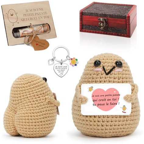 Poupées de Pomme de Terre en Français avec Porte Clés et Carte en Bois, Cadeau Original & Amusant, Idée Drôle Anniversaires pour Homme Femme Collègue, Peluche Motivation avec Coffret Vintage (C)