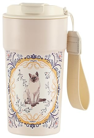 Cottea 17oz/500ml Kunststoff thermobecher mit Deckel, Tritan Mehrweg Kaffeebecher, Mehrweg Reisebecher, Isolierbecher mit Strohhalm. (Katze)