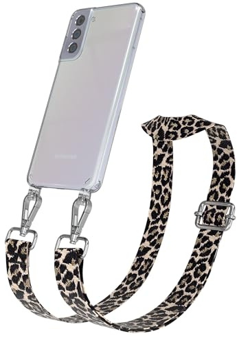 EAZY CASE Handykette - Verstellbares Taschenband kompatibel mit Galaxy S21 Plus 5G, Schulterriemen, Handykordel mit Silikon Hülle, Umhängetasche, Leo - Schwarz Beige Silber