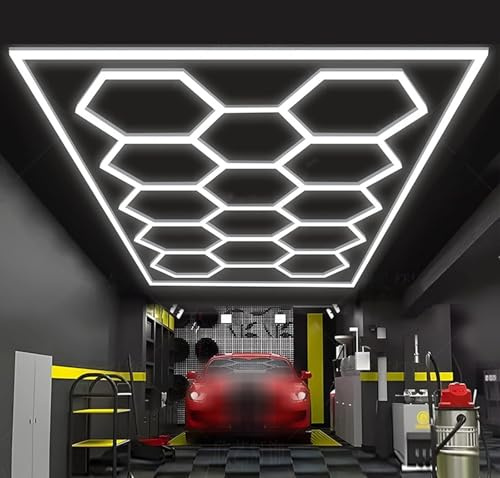 AKPHBKFG Lámparas hexagonales para Garaje, 14 Luces de Techo superbrillantes para Garaje, iluminación de automoción, luz LED Hexagonal, para garajes, gimnasios, talleres de automoción 14-Hex