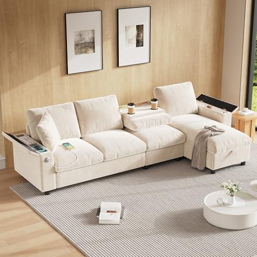 Chenille-Stoffsofa,L-förmige Ecke und zwei Armlehnen mit Stauraum.Ausklappbarer Couchtisch mit zwei Getränkehaltern,1 USB1 Typ-C.L-förmiger Teil kann links oder rechts platziert werden. (Beige)