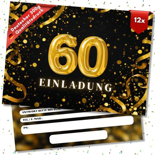 HIDEBLOOM - Einladungskarten 60. Geburtstag - 12 Stück - DIN A6 (10,5 cm x 14,8 cm) - Geburstagseinladung zum 60. Geburtstag - Einladungskarte für Jubiläum, Feier & Party