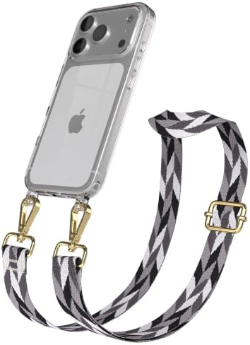 EAZY CASE Handykette - Verstellbares Taschenband kompatibel mit iPhone 17 Pro, Schulterriemen, Handykordel mit Silikon Hülle, Umhängetasche, Grau/Schwarz Mix Gold
