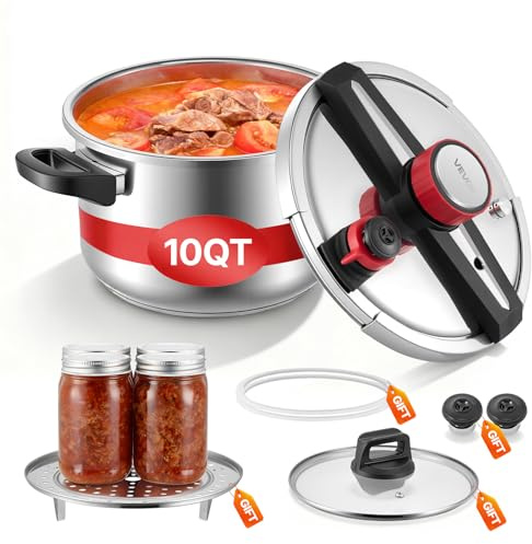 VEVOR Pressure Cooker, 10Qt Pressure Cooker Stainless Steel, Pressures Canner with Steaming Rack, Tempered Glass Lid, Three Pressures Settings for Meat, Beans, Rice, Soup, Sauces, Cook up to 100 kPa