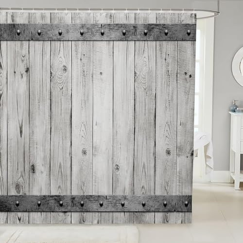 Cortina de Ducha 200x300 Tablero de Madera Antiguo, Cortina Ducha Antimoho Casa de Campo Cortinas de Baño Tela Impermeable para Bañera y Baño con 12 Ganchos 3006-ZU