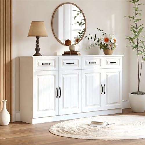 Wiuzo Weißes Sideboard,160x35x80cm,Kommode aus MDF mit 4 Schubladen und 4 Türen, 2 Ablageflächen, geriffeltem Design und 8 Metallgriffen für Wohnzimmer, Schlafzimmer und Küche