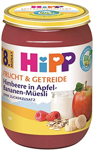 HiPP Bio Frucht & Getreide, Himbeere in Apfel-Bananen Müesli, ohne Zuckerzusatz, 6 x 190g