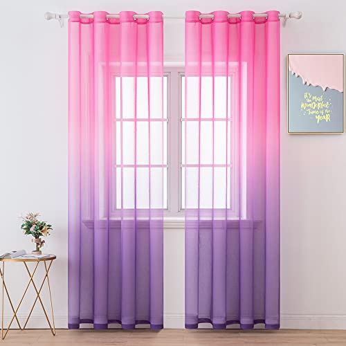 MIULEE 2er Set Farbverlauf Vorhang Voile Sheer Leinenvorhang Dekoschal mit Ösen transparent Gardine Schlaufenschal Ösenschals für Wohnzimmer und Schlafzimmer 140 X 245 cm (B x H) Pink und Lila