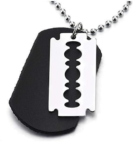 COOLSTEELANDBEYOND Rock Punk Herren Metall Rasierer Klinge und Leder Dog Tag Anhänger Halskette mit 70cm Kugelkette