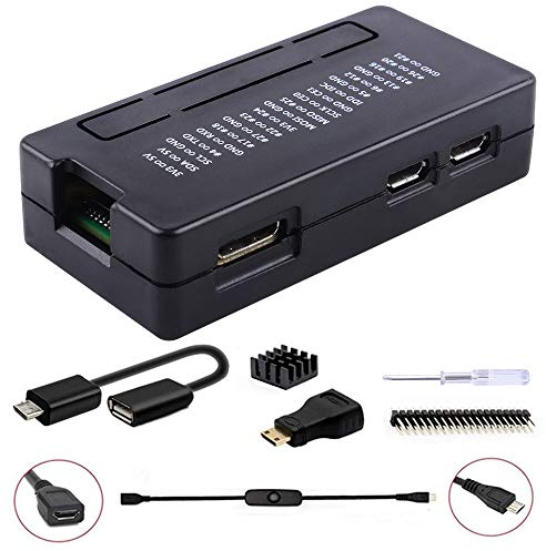 GeeekPi Raspberry Pi Zero/Zero W/Zero W 2 Case, 7 in 1 Basic Starter Kit with ABS Raspberry Pi Zero Case, 20Pin GPIO Header, OTG Cable, Switch Cable, HDMI Adapter, Heatsink and Screwdriver (Black)