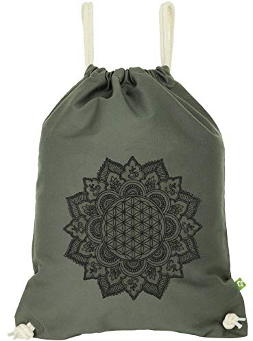 EXPRESS-STICKEREI Yoga Turnbeutel mit Mandala Mädchen Sportbeutel mit Lebensblume Gymsack für Frauen/Männer Gym Bag robuste Beuteltasche mit Kordelzug Kinder Rucksack wasserdicht beige