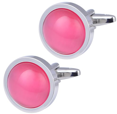 Jonwo Runden Opal Stein Manschettenknöpfe für Herren In Geschenkbox Katzenauge Schmuck Cufflinks Hochzeit Hemd Tanzparty Ferien Jubiläum Kleid (Rosa)