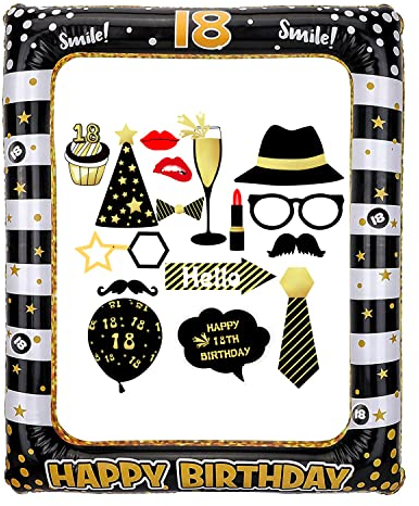 18th Birthday Inflatable Selfie Frame and Photo Booth Props Giant Black Gold Blow Up Decorations for Girls Boys Birthday Party Supplies Theme Party Kit