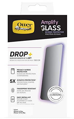 OtterBox Amplify Privacy Glass Screen Protector for Apple iPhone 14 Plus/iPhone 13 Pro Max, Tempered Glass, x5 Scratch Protection, Survives Drops up to 6ft, Antimicrobial Protection