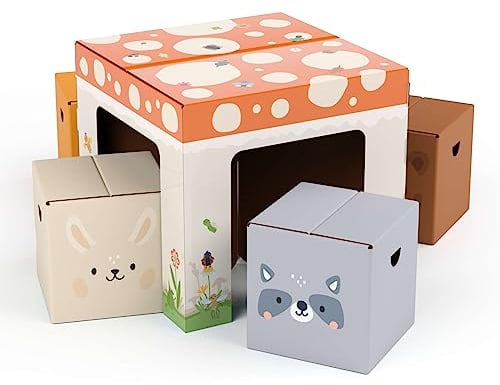 FOLDZILLA Kindersitzgruppe 60 x 60 x 55 cm aus Pappe, Faltbarer Kindertisch mit Stühlen, Kindermöbel Set 1 Tisch und 4 Kinderhocker - Pilz