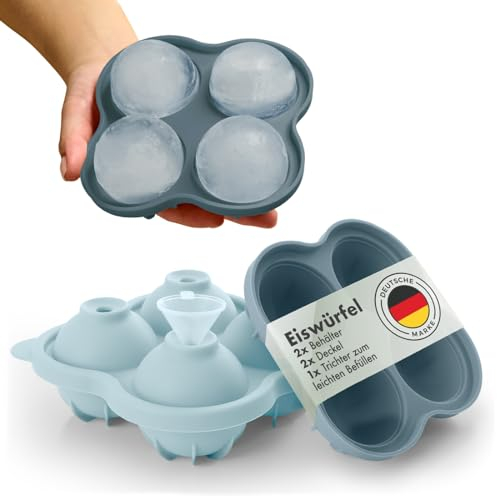 Blumtal Silikon Eiskugelform 2x4er XXL - Eiswürfel Rund Ø 5 cm + Trichter & Deckel - Runde Eiswürfelform 2x - BPA freie Silikonform Eiswürfel groß&rund - Eiskugelformer 2x - Grey Blue und Light Blue